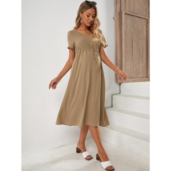 Maternity Drawstring Waist short sleeve midi Dress orange - Picture 9 of 11